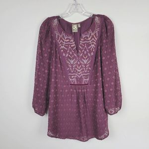 One September Plum Chiffon Embroidered Sequin Long Puff Sleeve Top Blouse Size M